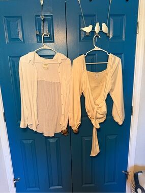 Express Cream Button-Front Shirt and Tie-Front Wrap Top Set